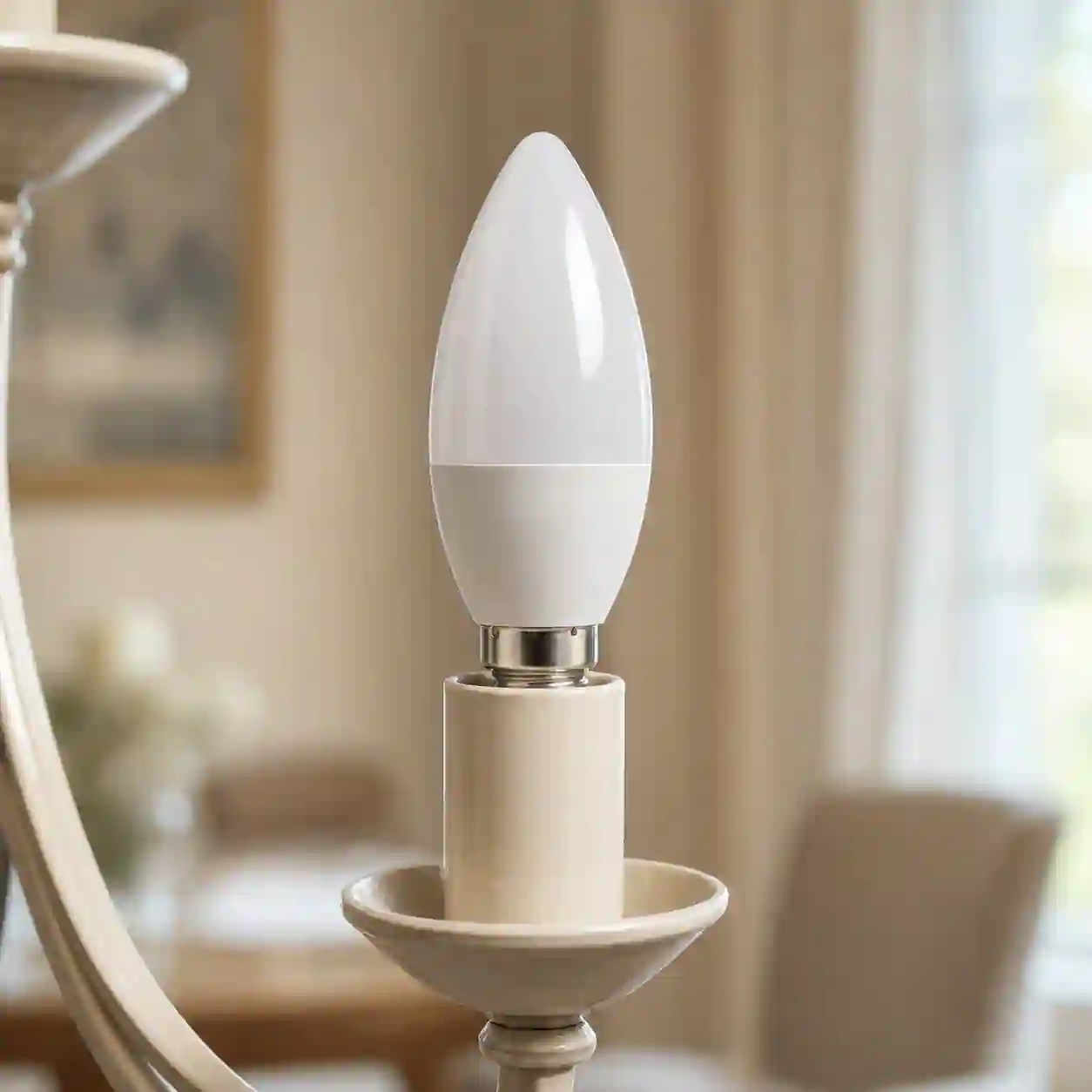 LED žárovka svíčka zašroubovaná do lustru
